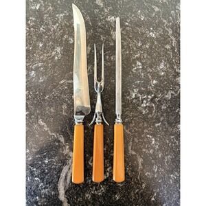 M. Bernard & Son Sheffield Carving Set Butterscotch Bakelite 3pc VTG MCM